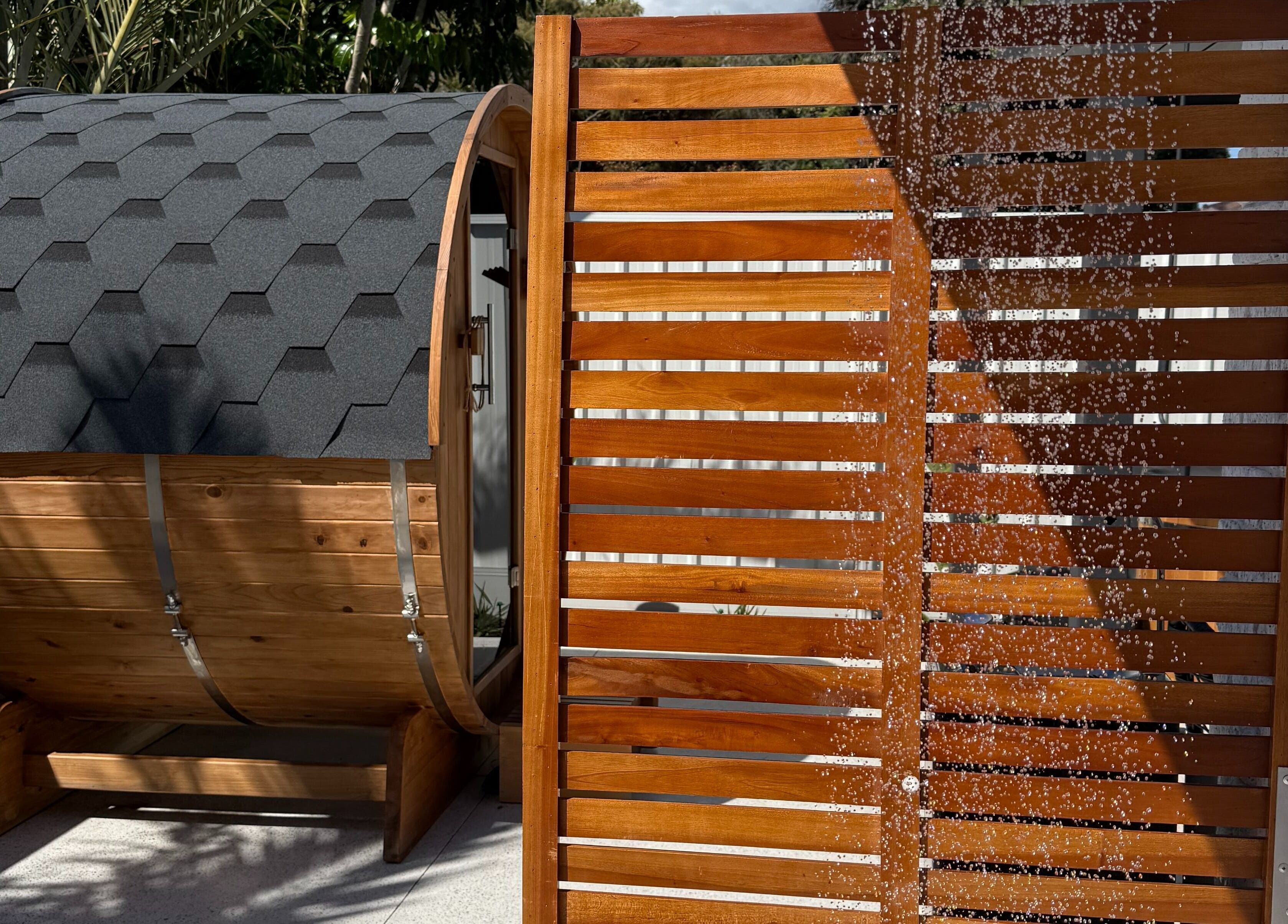 Outdoor sauna and shower at Rise and Fall Wellness in Kallaroo, Western Australia, AU.