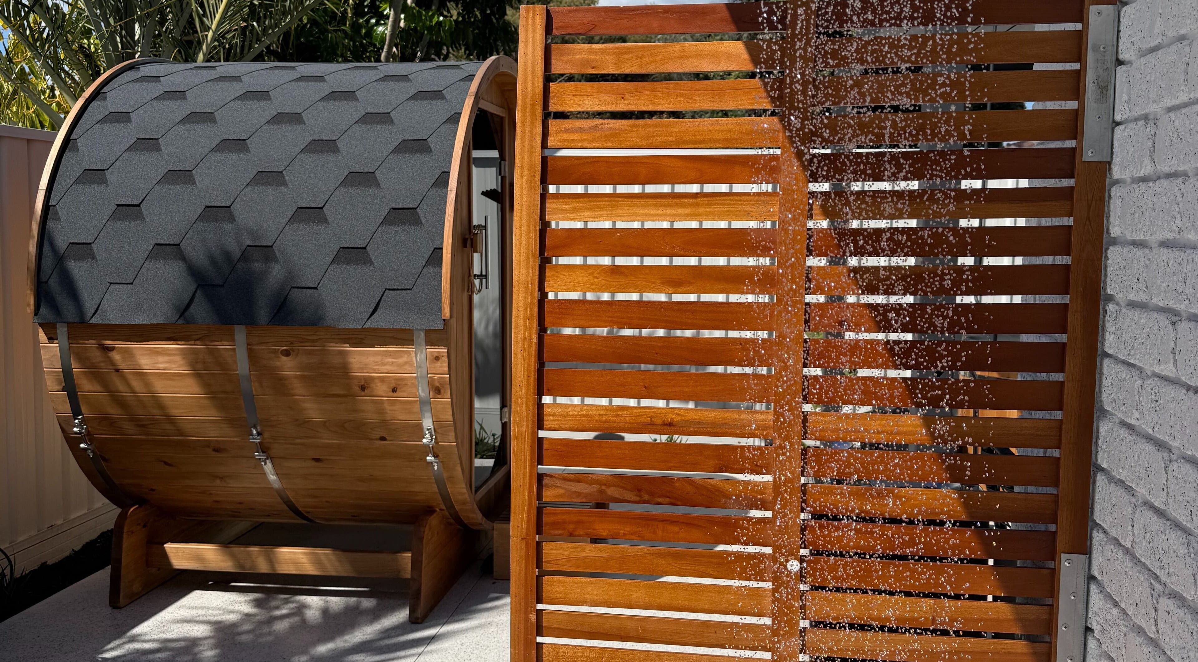 Outdoor sauna and shower at Rise and Fall Wellness in Kallaroo, Western Australia, AU.