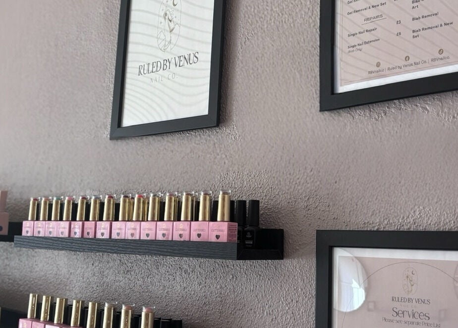 Sophisticated decor and nail polish display at Ruled by Venus Nail Co., Port Seton, Scotland, GB.