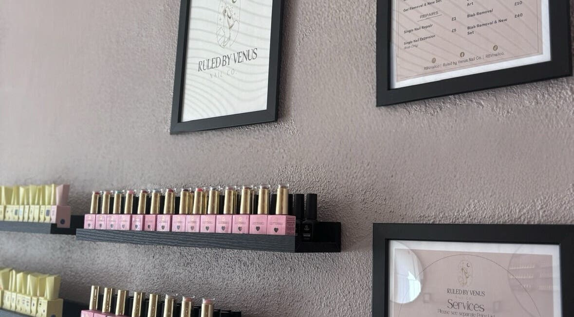 Sophisticated decor and nail polish display at Ruled by Venus Nail Co., Port Seton, Scotland, GB.