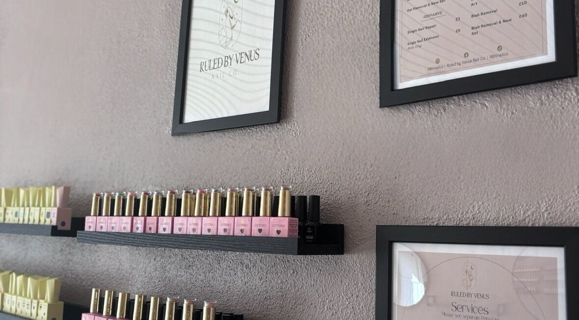 Sophisticated decor and nail polish display at Ruled by Venus Nail Co., Port Seton, Scotland, GB.