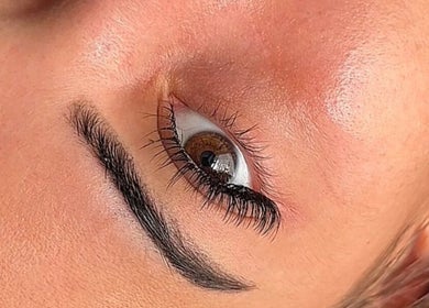 Close-up of expertly styled lashes and brow at Leia Beth Lash & Brow Technician, Dundee, Scotland, GB.