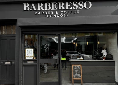 Front view of Barberesso, a stylish barbershop and coffee spot in London, England, GB, inviting walk-ins.