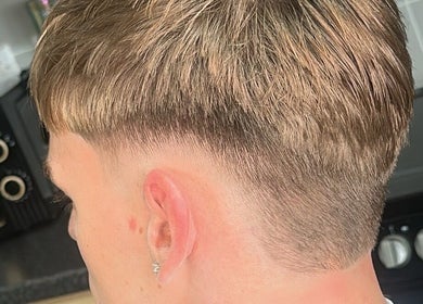 Close-up of a clean fade haircut at Peterborough Mobile Barber, Peterborough, England, GB.