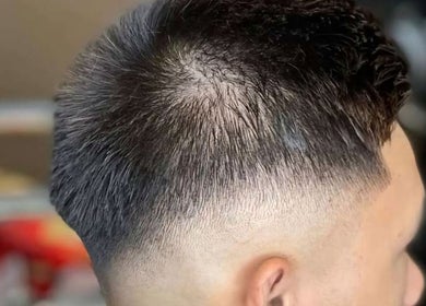 Close-up of a precision fade haircut at RCutsBarberShop in Hamilton, Ontario, CA.