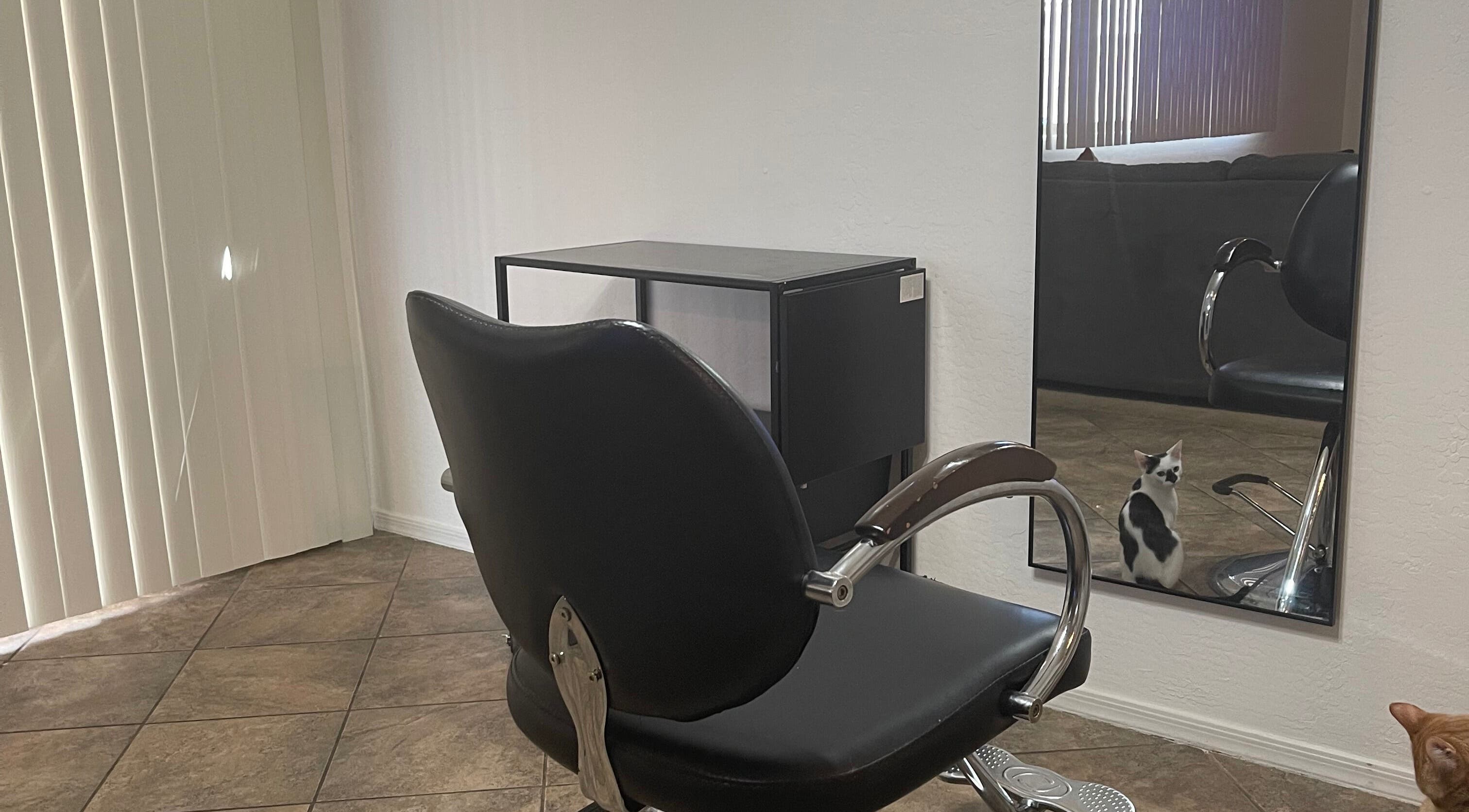Modern salon chair and mirror at Hair by Katelyn, Surprise, Arizona, US with a playful cat reflected.