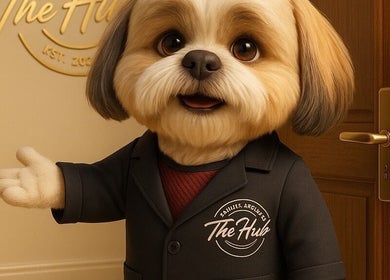 Cute animated dog in a suit welcomes clients at High End Aesthetics, London, England, GB.