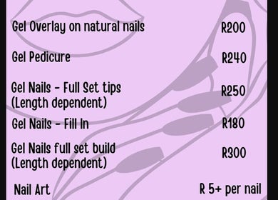 Nails By Tyla pricing board for nail services in Kempton Park, Gauteng, ZA, displaying gel and art options.