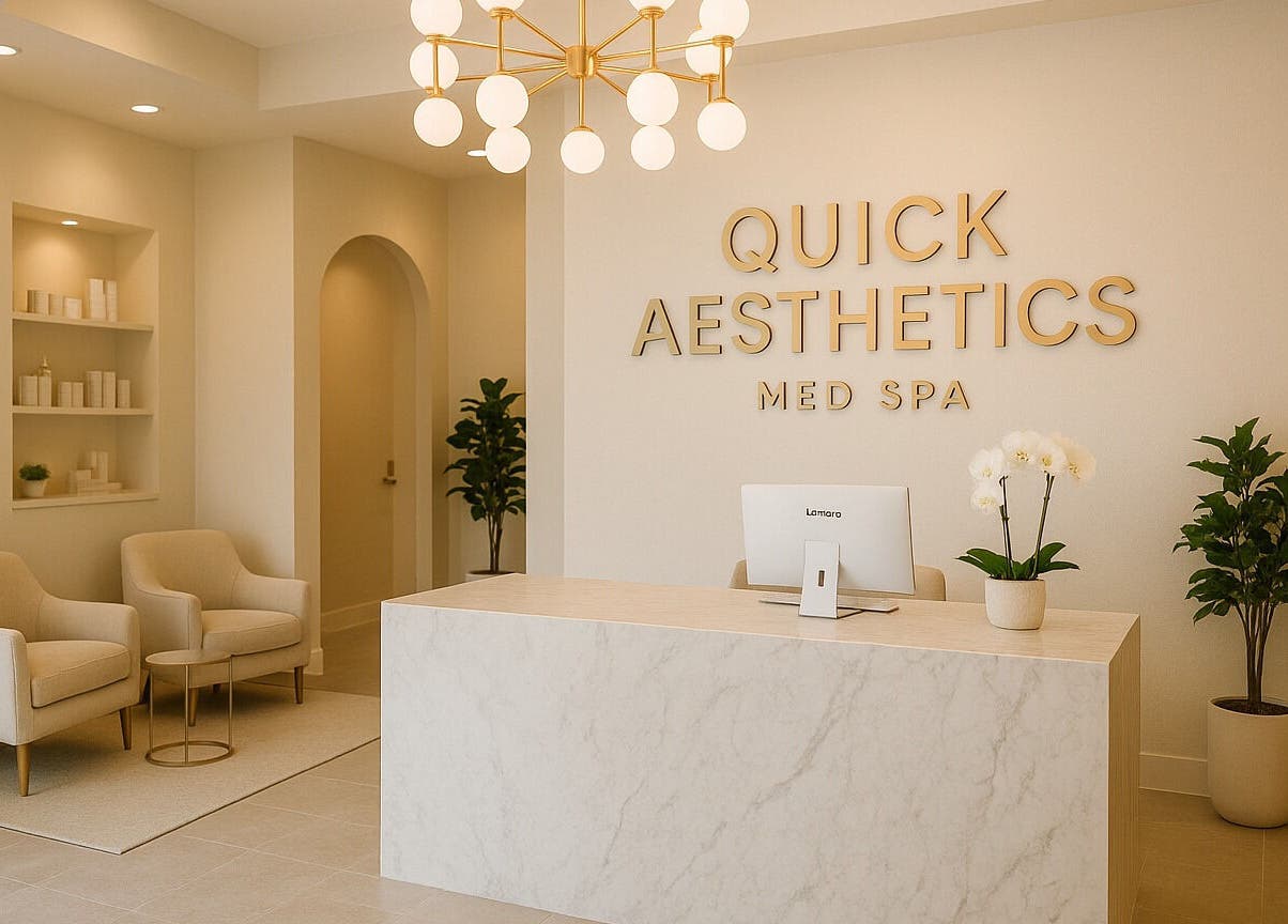 Elegant lobby of Quick Aesthetics MedSpa in Allen, Texas, US showcasing modern decor and plush seating.