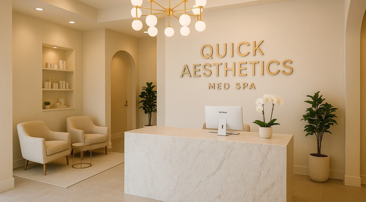 Elegant lobby of Quick Aesthetics MedSpa in Allen, Texas, US showcasing modern decor and plush seating.