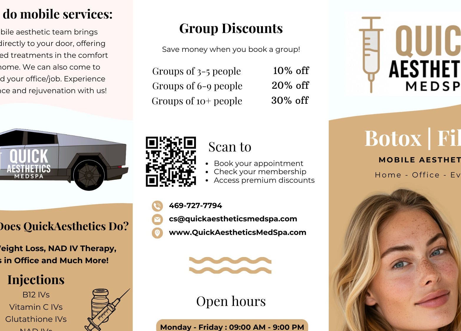 Quick Aesthetics MedSpa flyer showcasing mobile services and group discounts in Allen, Texas, US.