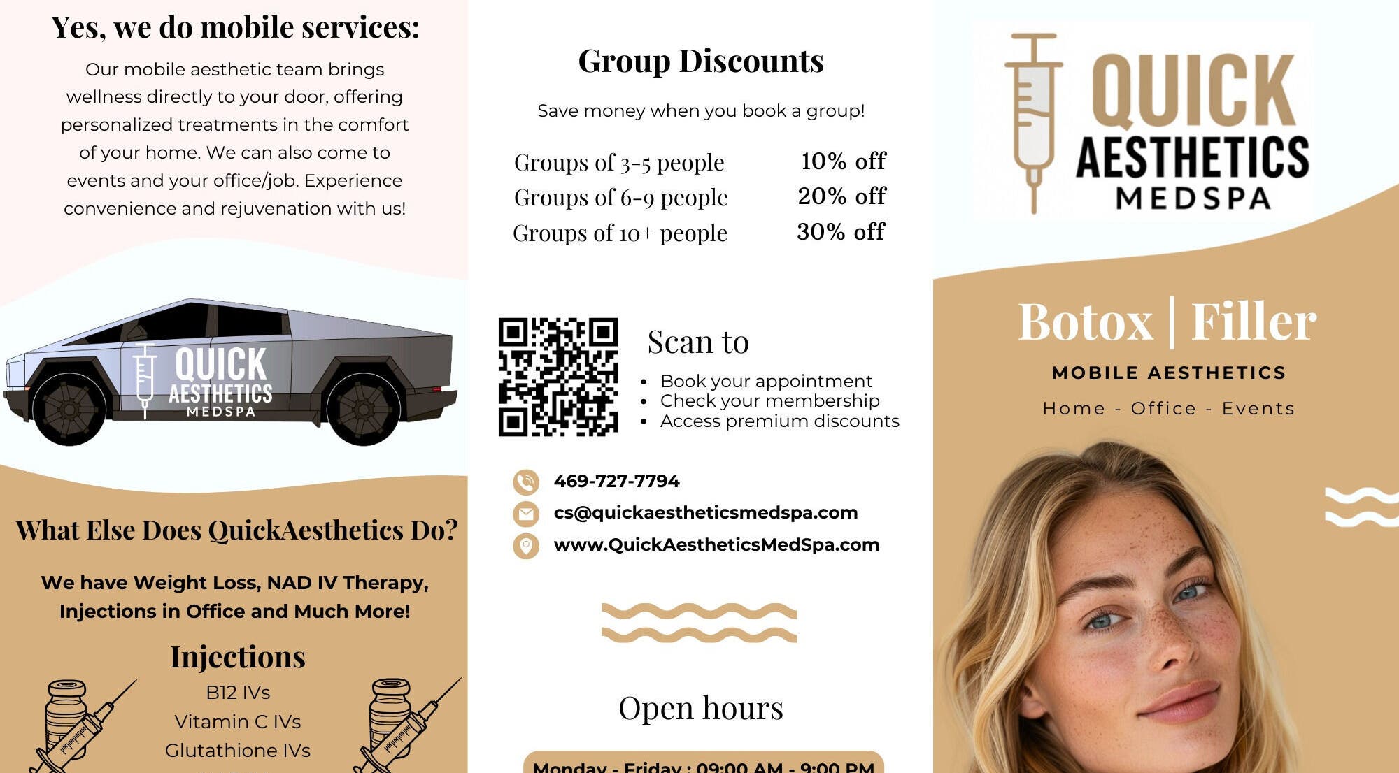 Quick Aesthetics MedSpa flyer showcasing mobile services and group discounts in Allen, Texas, US.