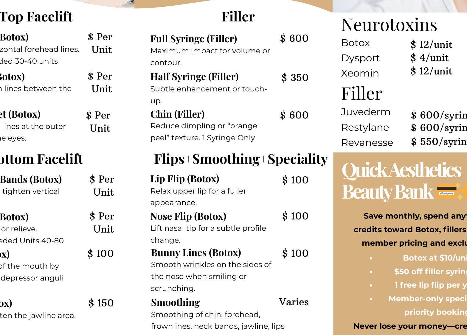 Quick Aesthetics MedSpa service menu showcasing Botox and fillers pricing in Allen, Texas, US.