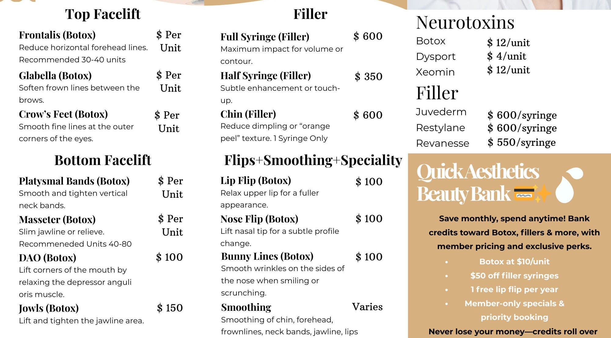 Quick Aesthetics MedSpa service menu showcasing Botox and fillers pricing in Allen, Texas, US.