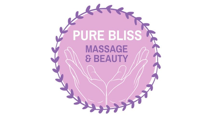 Logo of Pure Bliss Ashbourne, located in County Meath, IE, featuring purple laurel wreath and open hands.