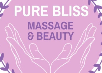 Logo of Pure Bliss Ashbourne, County Meath, IE with purple hands and leaves on pink background.