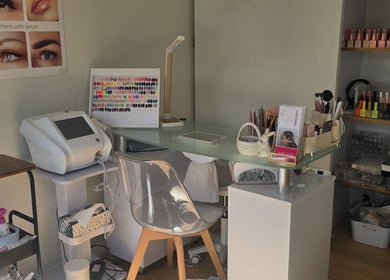 Nail and lash setup at Bella'sBeauty, Christchurch, Canterbury Region, NZ with tools and polish display.