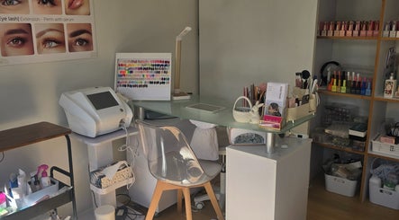 Nail and lash setup at Bella'sBeauty, Christchurch, Canterbury Region, NZ with tools and polish display.