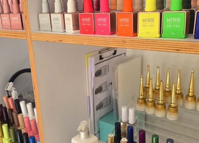 Nail polish display at Bella'sBeauty, Christchurch, Canterbury Region, NZ offers vibrant gel colors.