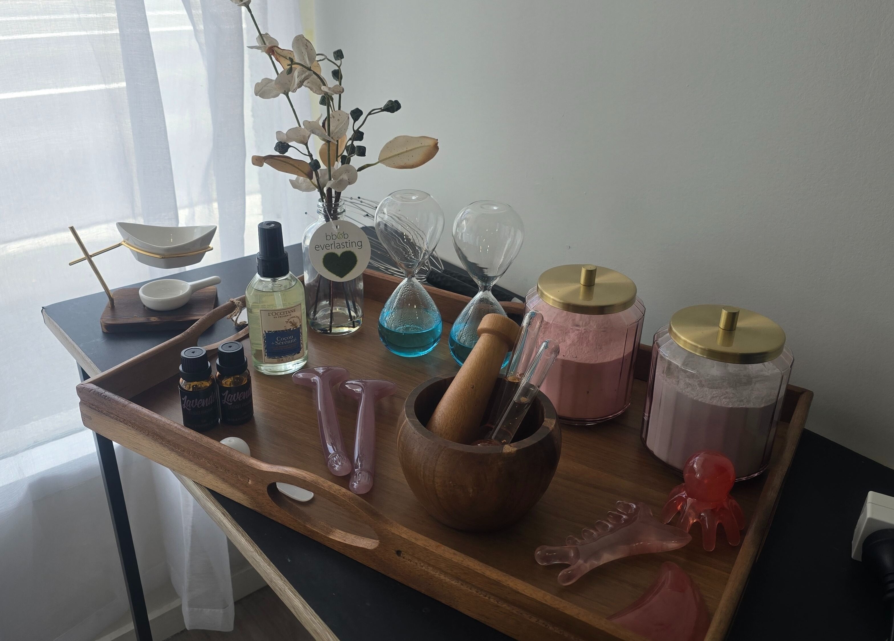 Tranquil setup of oils and powders at Bella's Beauty, Christchurch, Canterbury Region, NZ.