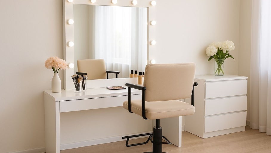 Elegant makeup station at makeupbymiri.au in Oran Park, New South Wales, AU with mirror and chic decor.