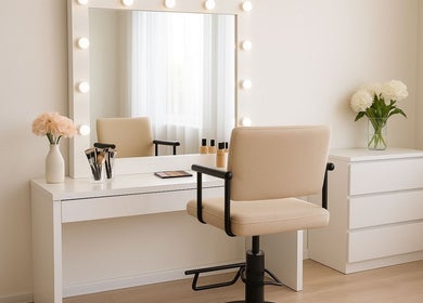 Elegant makeup station at makeupbymiri.au in Oran Park, New South Wales, AU with mirror and chic decor.