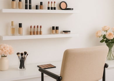 Chic beauty setup at makeupbymiri.au, Oran Park, New South Wales, AU with makeup products and flowers.
