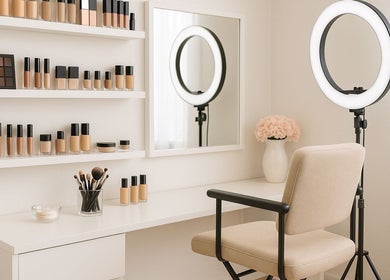 Bright makeup studio at makeupbymiri.au in Oran Park, New South Wales, AU with elegant cosmetics display.