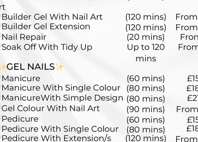 Nail service menu at Studio Cassia 21, Nuthall, England, GB showcasing prices and durations.
