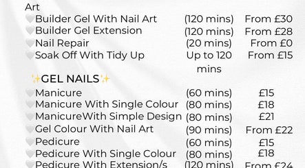 Nail service menu at Studio Cassia 21, Nuthall, England, GB showcasing prices and durations.