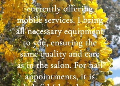 Bright yellow flowers with service info overlay for Studio Cassia 21, Nuthall, England, GB.