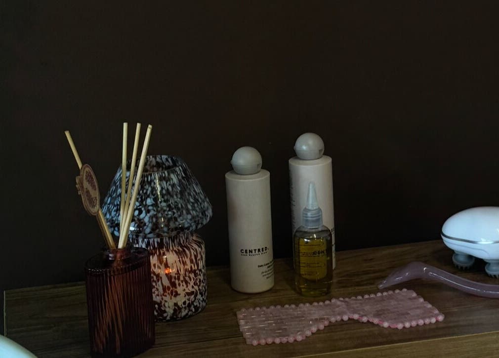 Beauty products and tools displayed at Brushed By Amelia, Milford Haven, Wales, GB, evoke a serene atmosphere.