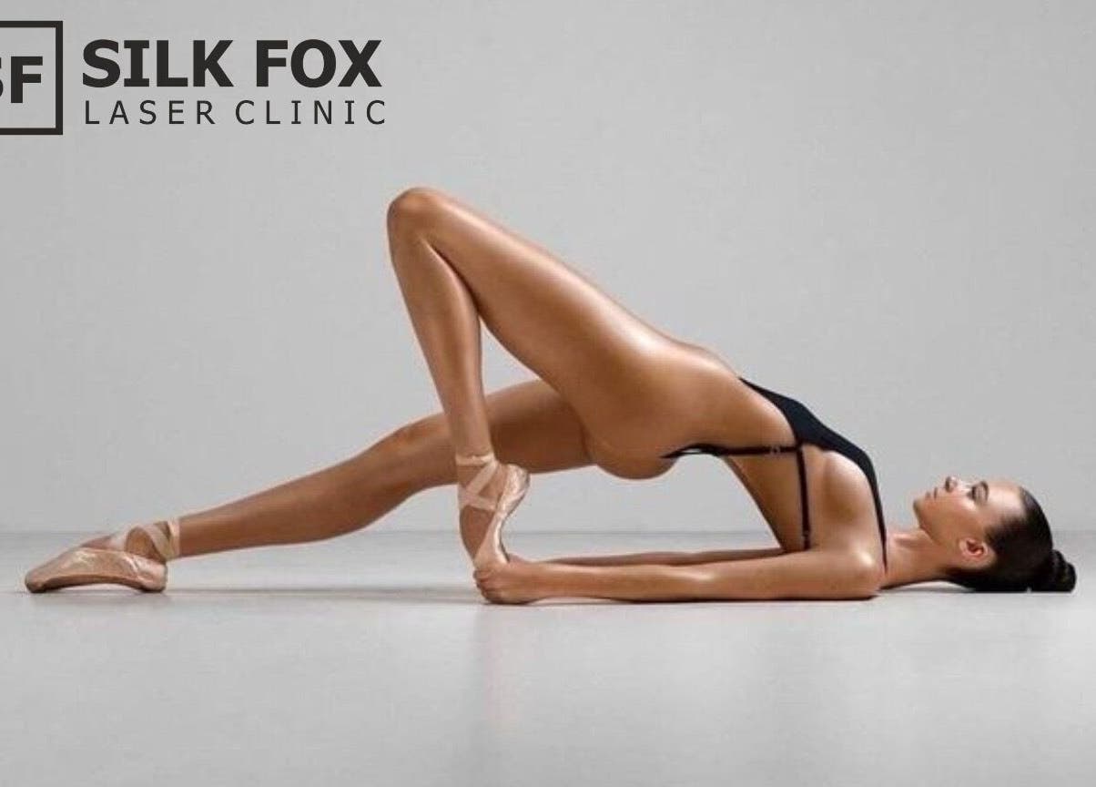 Model in graceful pose at Silk Fox PREMIUM laser clinic PLAZA, Rīga, LV, showcasing beauty and wellness.