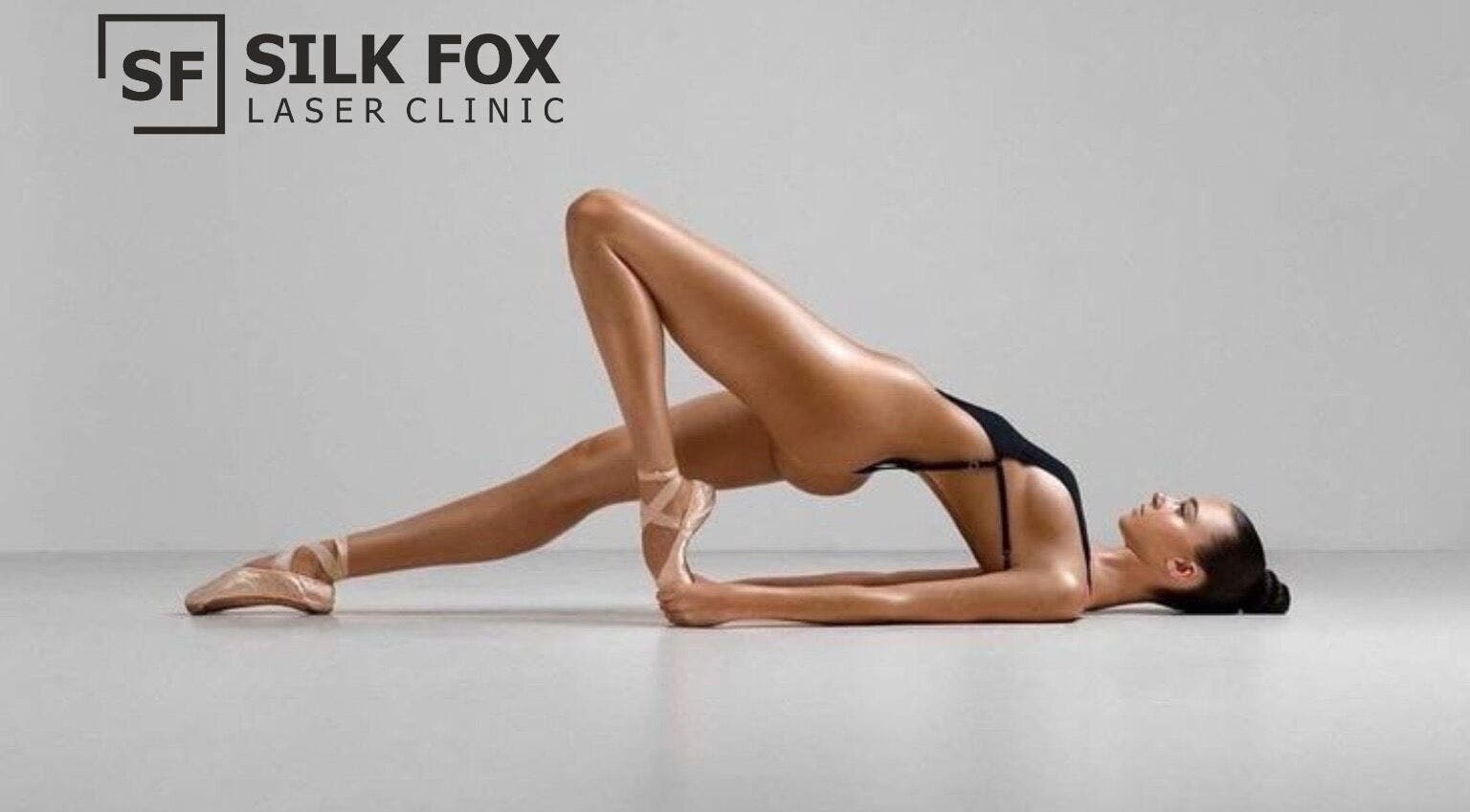 Model in graceful pose at Silk Fox PREMIUM laser clinic PLAZA, Rīga, LV, showcasing beauty and wellness.