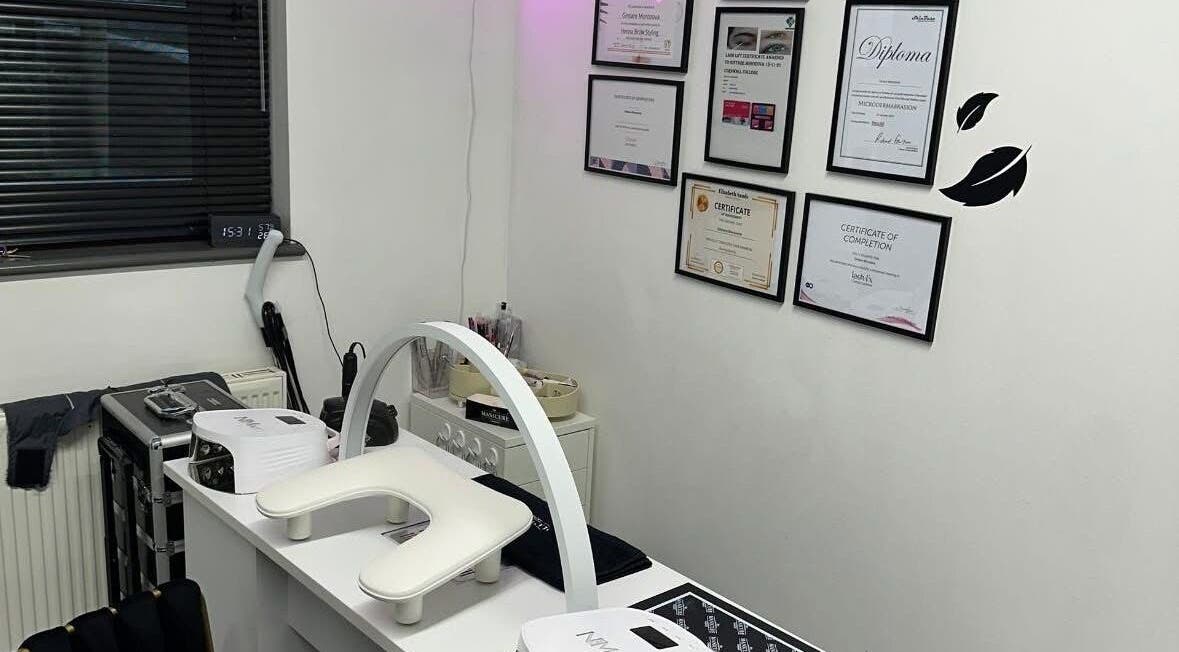 Nail station and certificates at Ambers Beauty Studio, Hayle, England, GB showcasing professionalism.