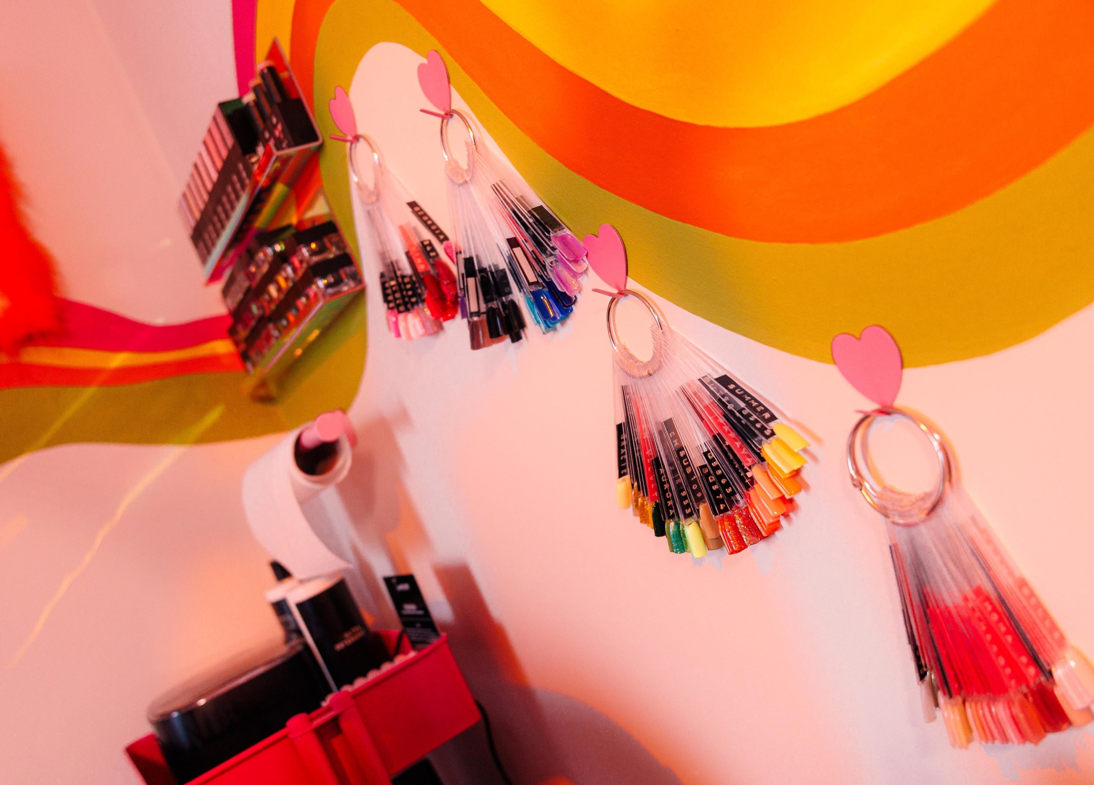 Colorful nail selection wall at Bobby Dazzler Nails, Winlaton, England, GB.