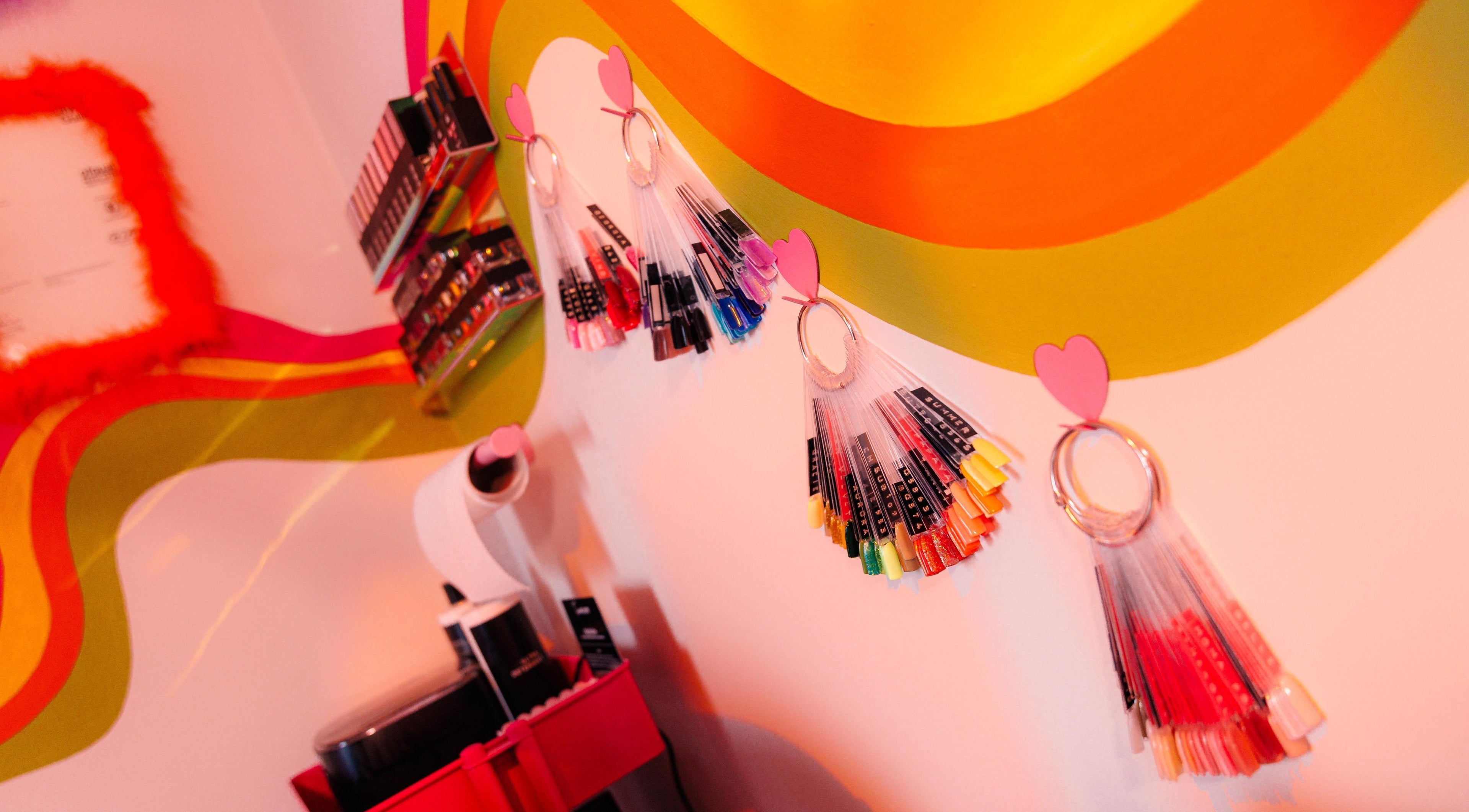 Colorful nail selection wall at Bobby Dazzler Nails, Winlaton, England, GB.