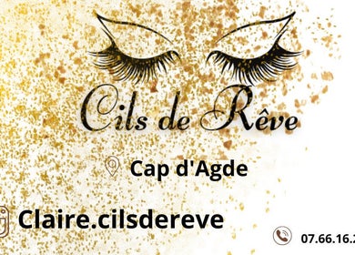 Logo Cils de rêve avec paillettes dorées, situé au Cap d’Agde, Occitanie, FR. Contact Instagram et téléphone inclus.