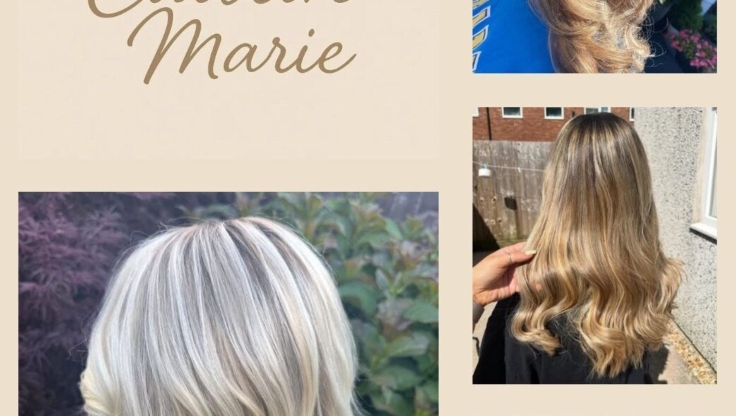 Hair by Caitlin Marie displays styled and highlighted hair in Newport, Wales, GB, showcasing elegant blond waves.