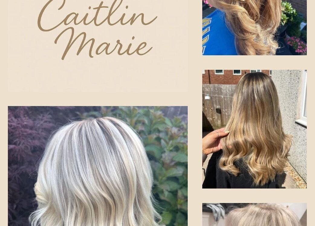 Hair by Caitlin Marie displays styled and highlighted hair in Newport, Wales, GB, showcasing elegant blond waves.