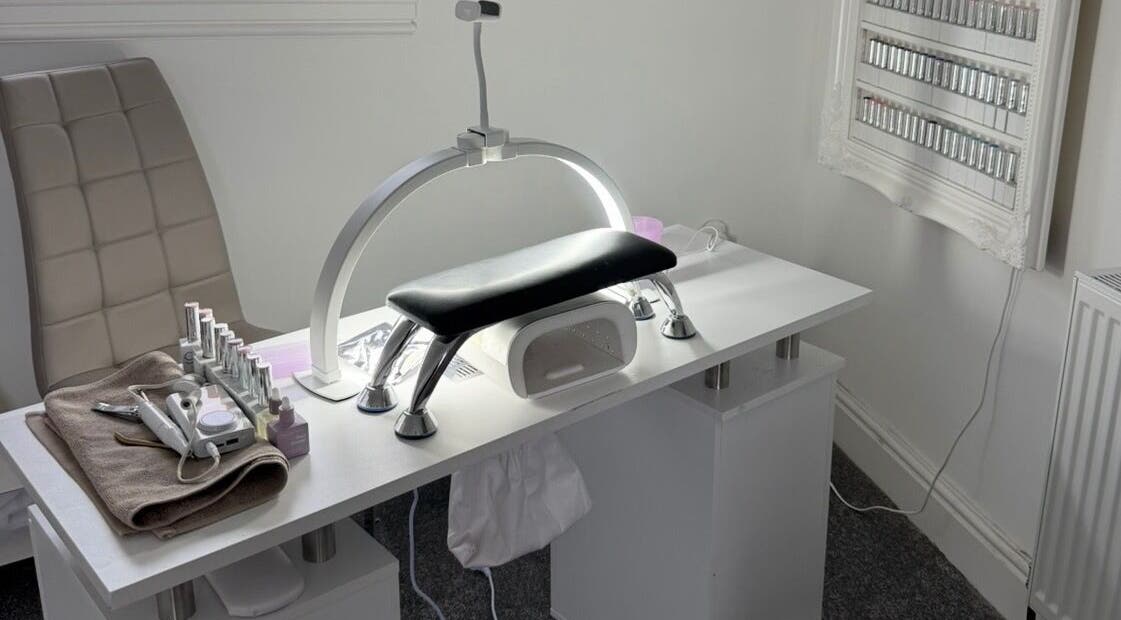 Modern nail station at Jewels Not Tools by Amy, Newton Mearns, Scotland, GB, showcasing elegant decor.