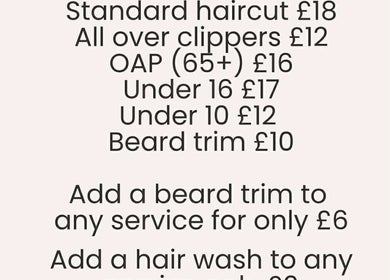 LJF Barbering @ The Deben Retreat price list in Debenham, England, highlighting clipper cuts and beard trims.