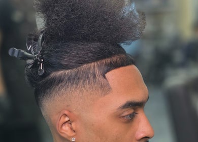 Detailed view of a fresh fade hairstyle at Noor Blends in London, England, GB.