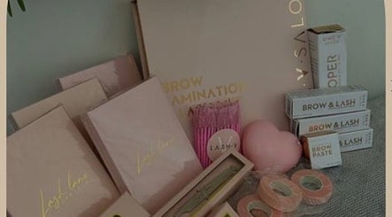 Beauty products at Sienna’s Luminous Lashing, Brisbane, Queensland, AU, showcasing brow and lash essentials.
