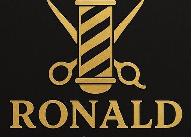 Logo elegante de Ronald Barbería Studio en Antofagasta, Antofagasta, CL, con iconos de tijeras y barra dorada.