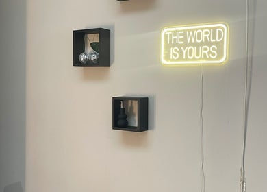 Modern wall decor with neon sign 'The World is Yours' at nadinenixonbeauty, Portadown, Northern Ireland, GB.