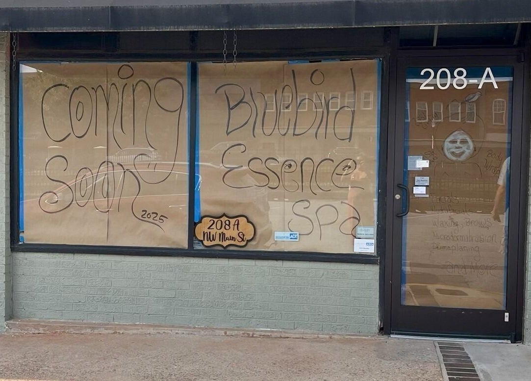 Bluebird Essence Spa storefront soon to open in Easley, South Carolina, US with signage.