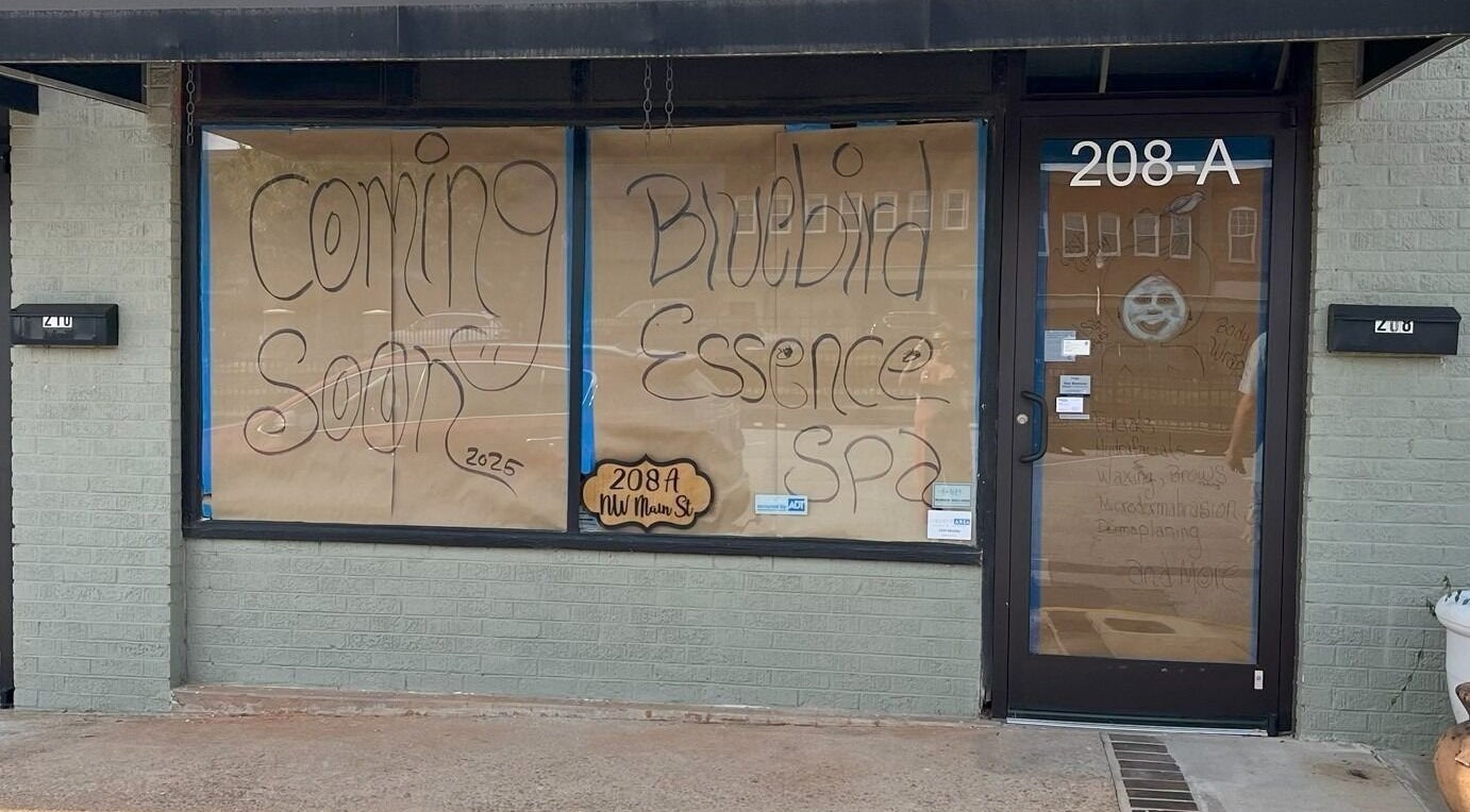 Bluebird Essence Spa storefront soon to open in Easley, South Carolina, US with signage.