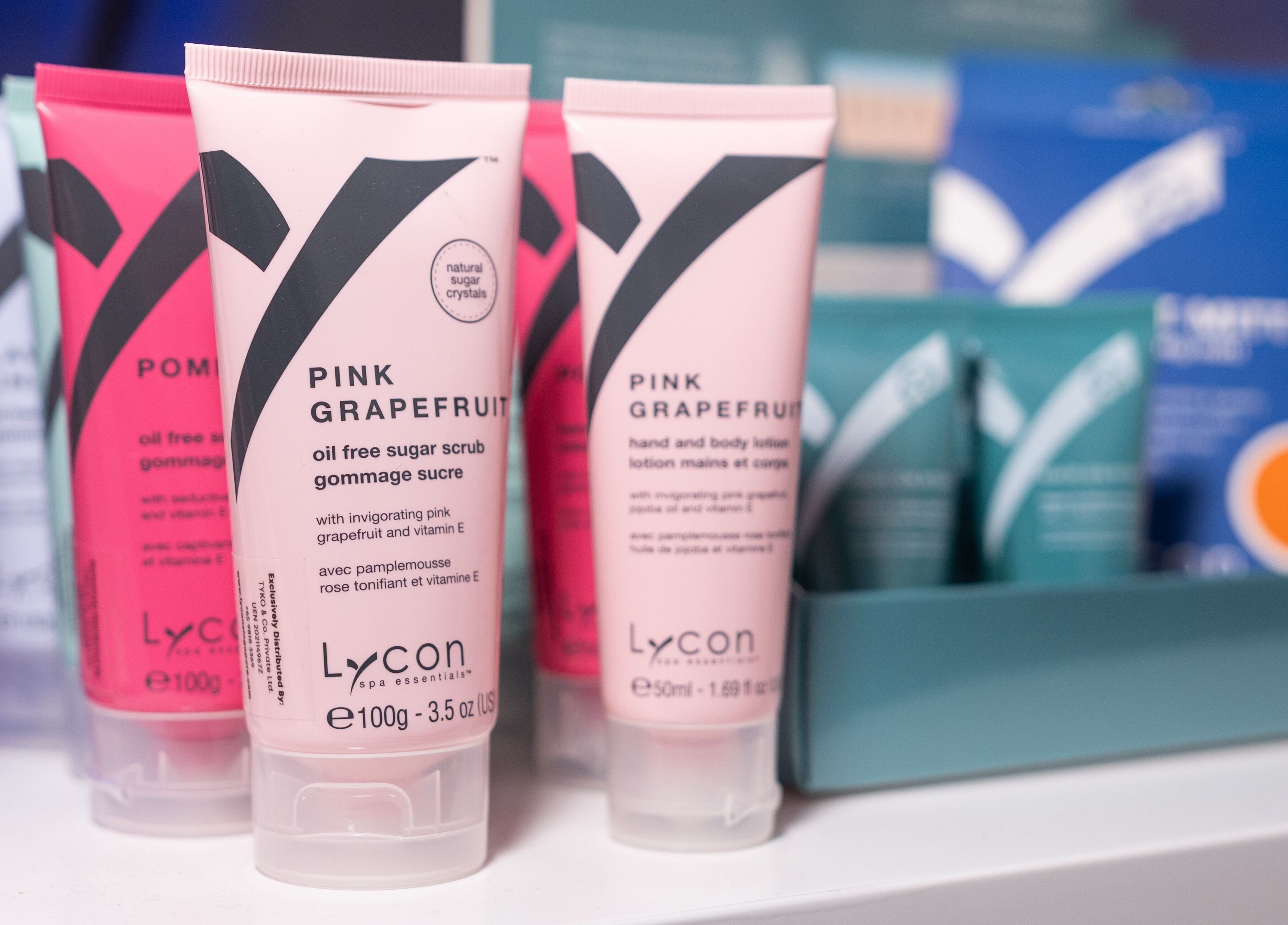 Pink grapefruit skincare products on display at Wax Factor Orchard Central, Singapore, Singapore, SG.