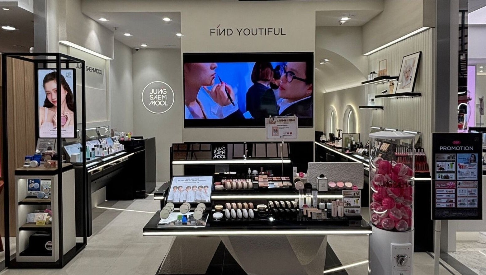 Elegant interior of JungSaemMool beauty (SOGO Kai Tak) in Kowloon, Hong Kong Island, HK showcasing beauty products.